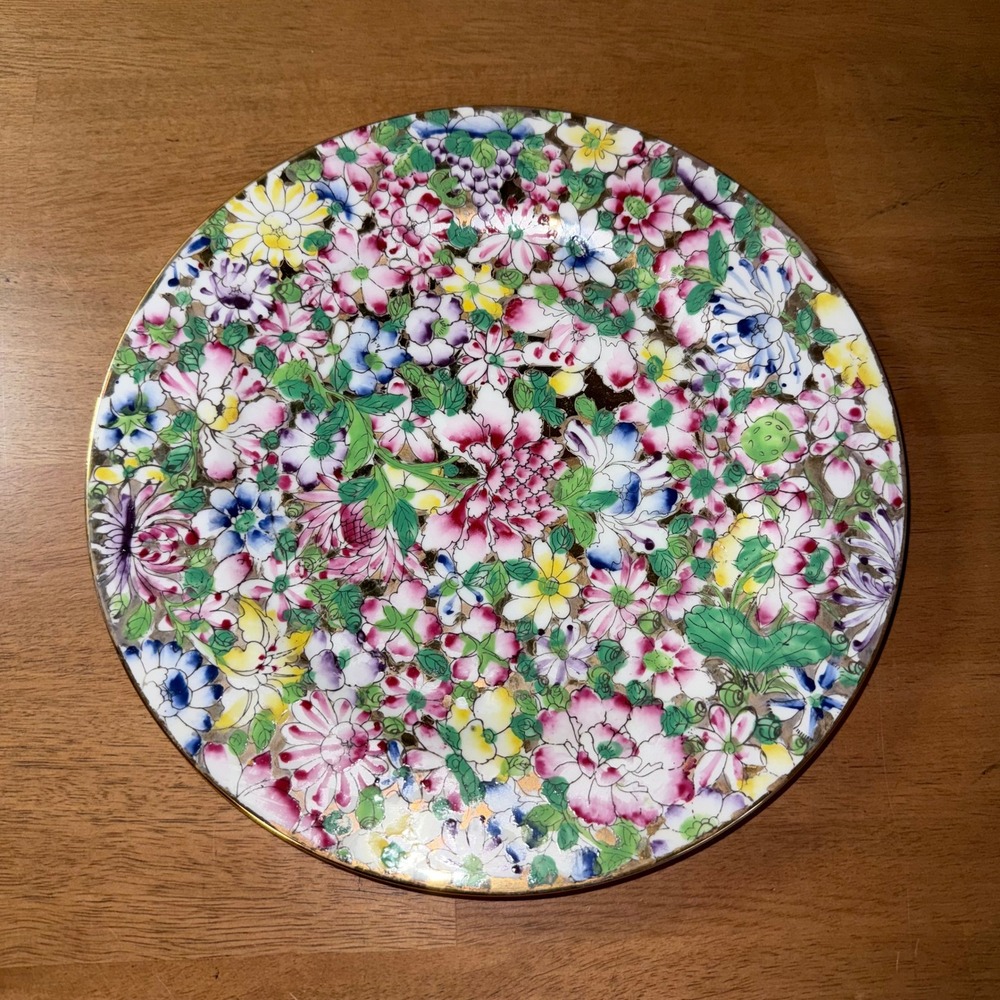 Vintage Famille Rose Millefleur Plate Hand Painted Hong Kong Thousand Flowers